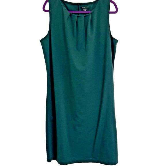 Lands’ End 1X (16W-18W) Green Sleeveless Dress, Round Pleated Neckline, NWOT - Picture 2 of 10